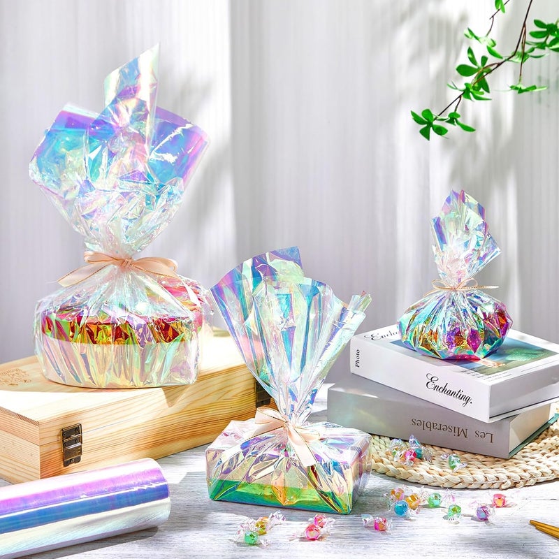 Seajan 32 in x 200 ft Iridescent Cellophane Wrap Roll, Rainbow Wrapping Paper Holographic Cellophane Wrap for Baskets Flower Bouquet DIY Treats Christmas Gifts Wrapping(Red and Golden Iridescence) - Image 3